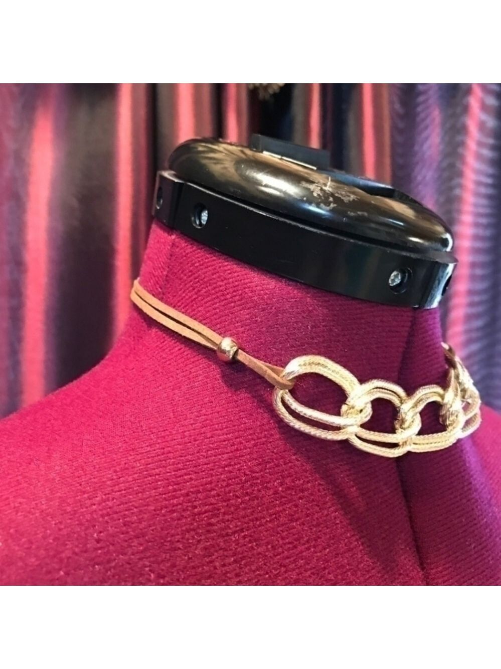 Gold Tone Chain Link Necklace With Faux Leather Strap Neck Accessory Jewelry New